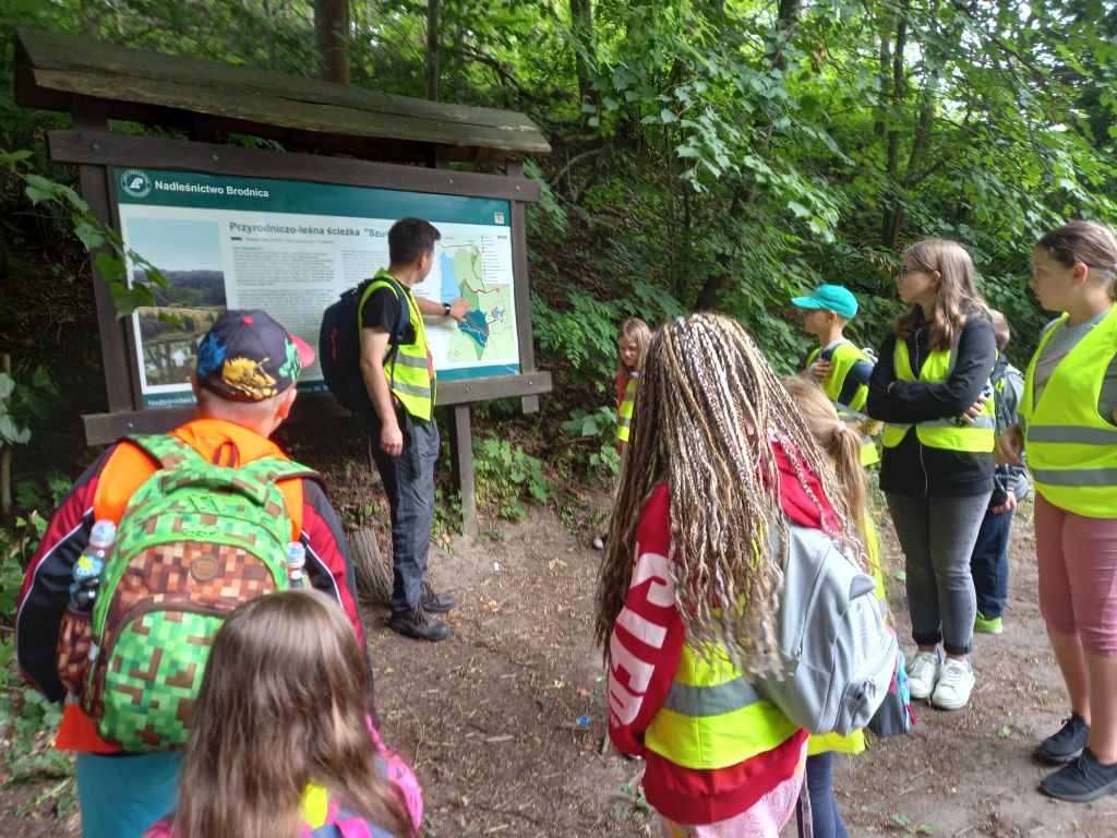 Zdjęcie przedstawia grupkę dzieci stojących w w parku krajobrazowym w Ośrodku „Wilga” w Górznie. Przed dziećmi stoi przewodnik opowiadający im o Ośrodku, wskazując palcem na tablicę informacyjną ustawioną na ścieżce przyrodniczej