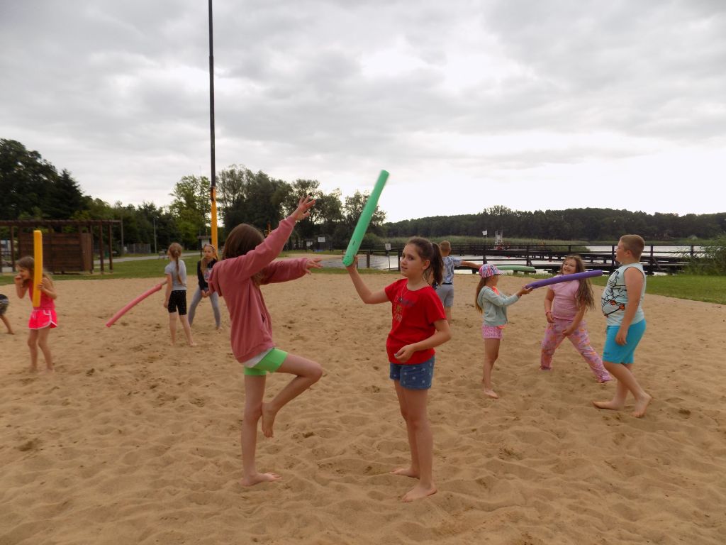 Zdjęcie przedstawia uczestników zajęć w trakcie zajęć w ramach sztuk walki na boisku do piłki plażowej nad jeziorem