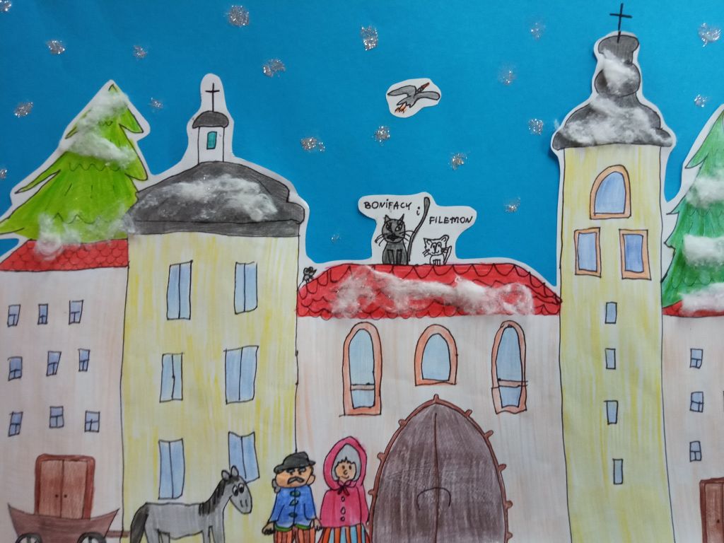 Na ilustracji widać skępski klasztor w zimowej scenerii na dachu, którego siedzą kot Filemon i kot Bonifacy, Na dole obrazka stoi koń z wozem a obok dziadek z babcią.