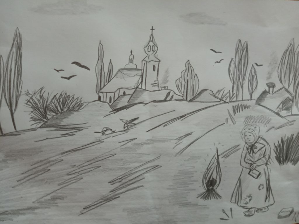 Zdjęcie przedstawia czarno-biały rysunek, na którym w dali widać kościół. Z prawej strony, w dolnym rogu widać postać kobiety-babci.