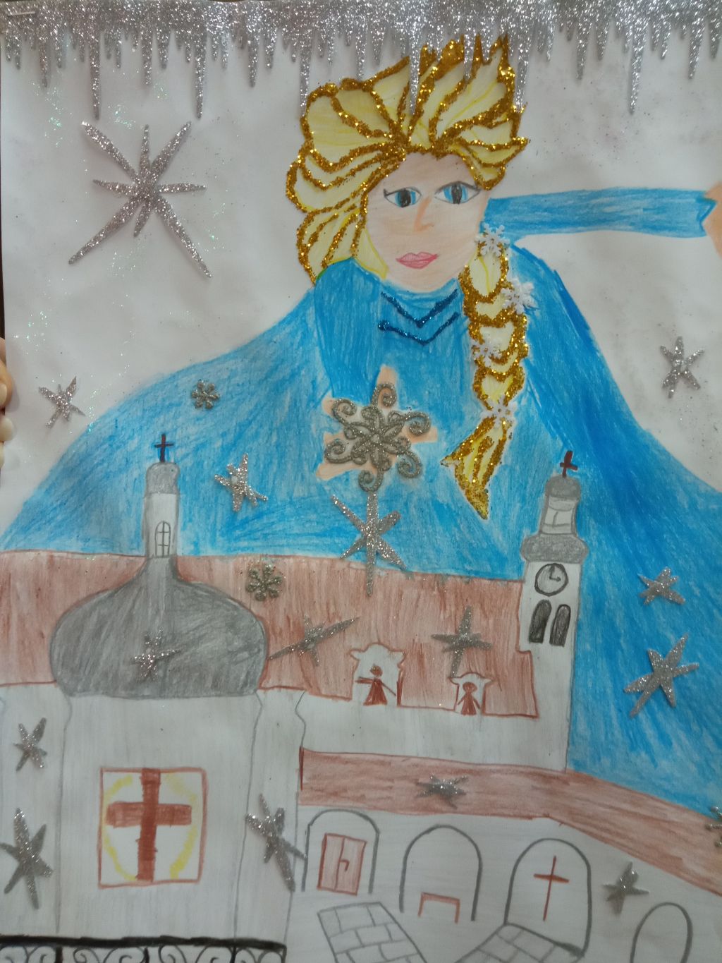 Ilustracja przedstawia skępski klasztor nad którym unosi się postać Królowej Śniegu
